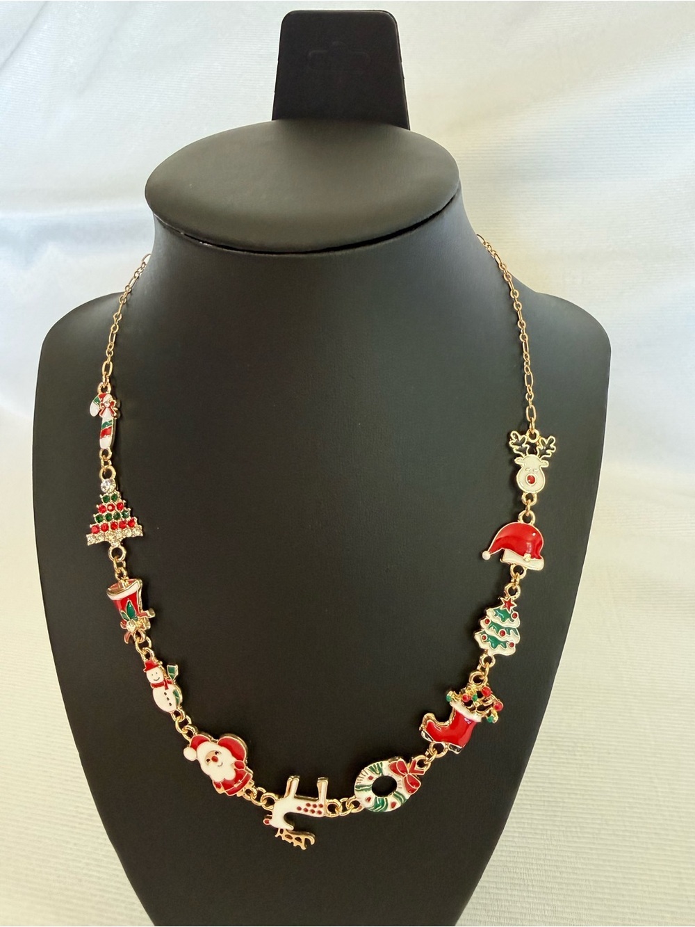 Christmas Holiday Charm Necklace Enamel Rhinestone Gold Tone 16.14in Adjustable